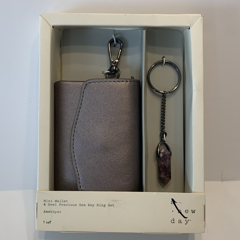 A New Day Metallic Gray Mini Wallet & Semi Precious Amethyst Gem Key Ring Set - Picture 2 of 13